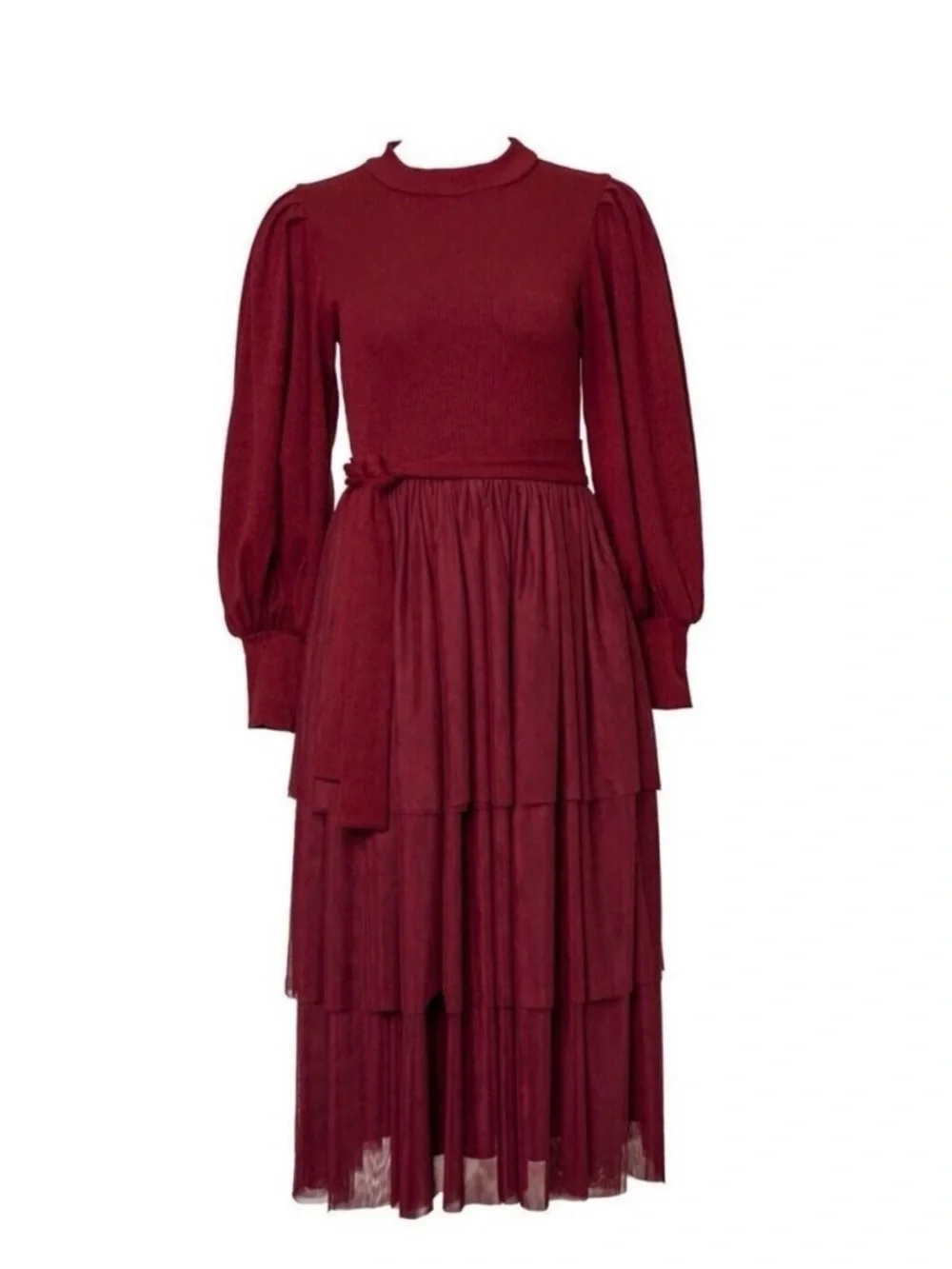 Ivy City Co Cosette Midi Dress Wine Red Ribbed Knit Tulle Ruffles Romantic Small - Picture 3 of 4